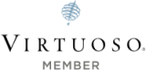 Virtuoso logo—elegant serif text with a blue crest above, minimalist and refined.