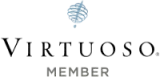 Virtuoso logo—elegant serif text with a blue crest above, minimalist and refined.